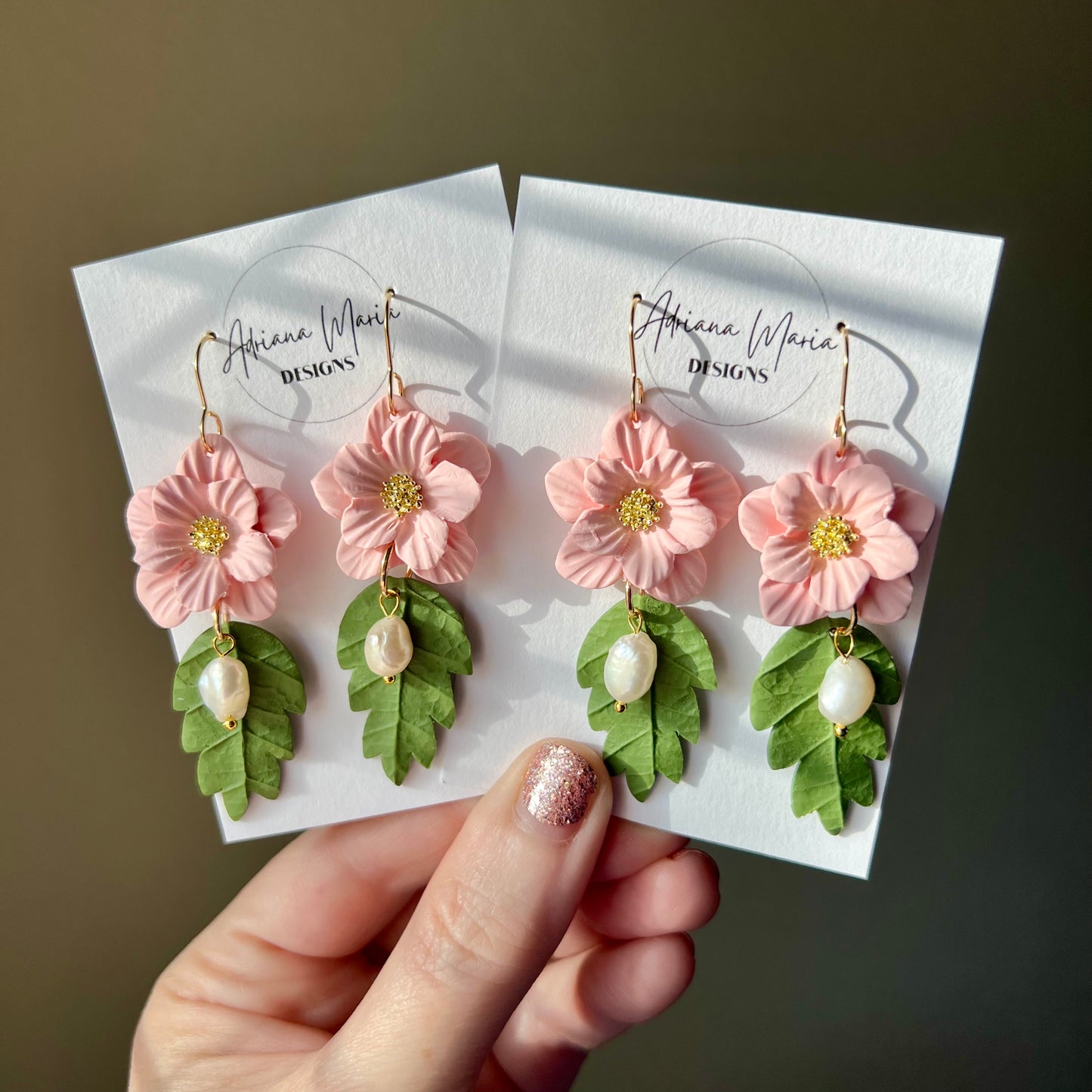 Peachy Pink Flower & Peal Polymer Clay Earrings