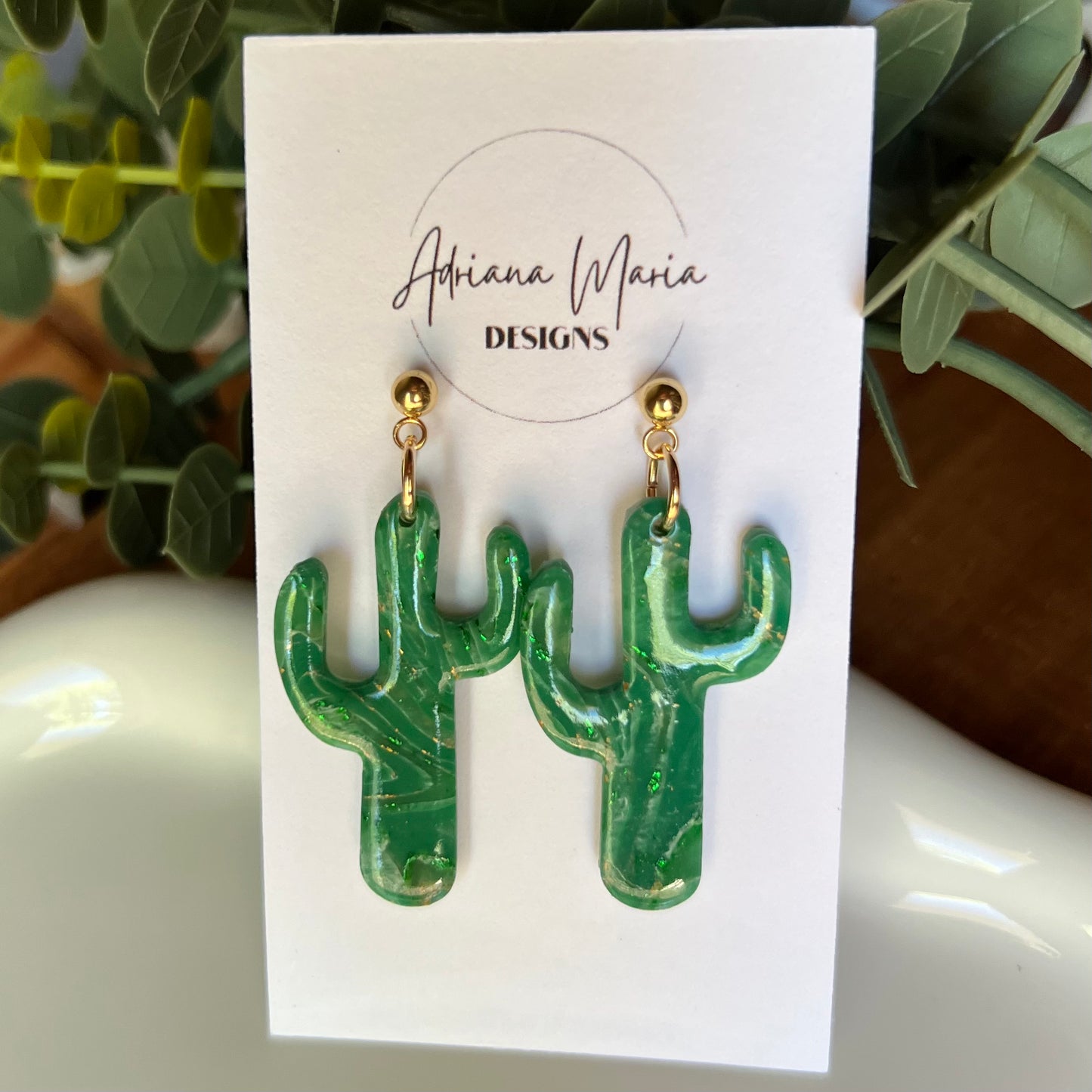 Green Marbled Cactus Polymer Clay Earrings