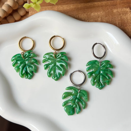 Green Monstera Leaf Polymer Clay Huggie Hoop Earrings