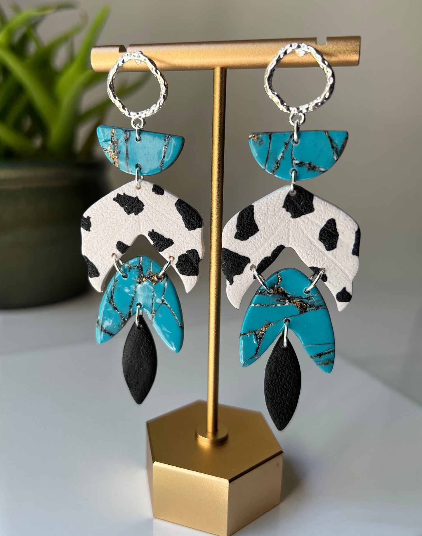 Turquoise & Cow Print Clay Dangle Earrings