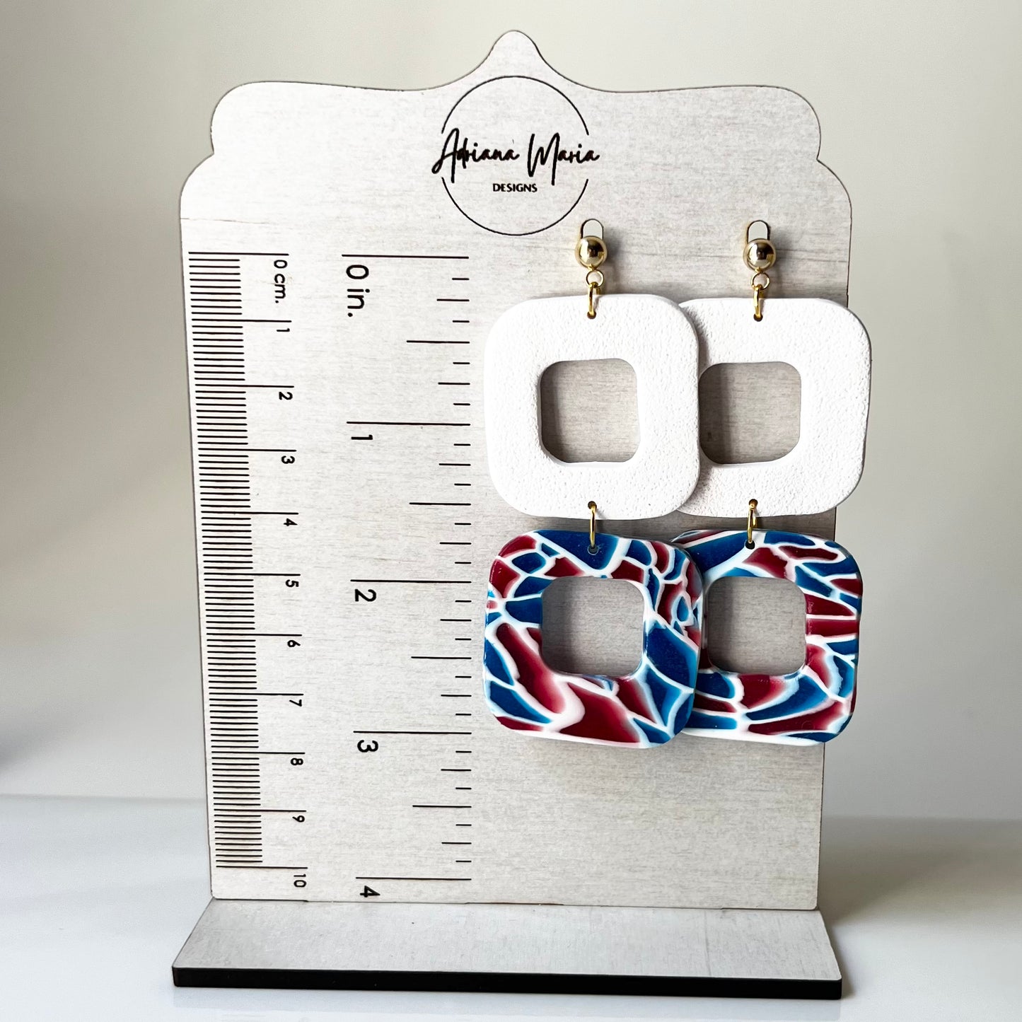 Red, White & Blue Translucent Open Square Polymer Clay Earrings