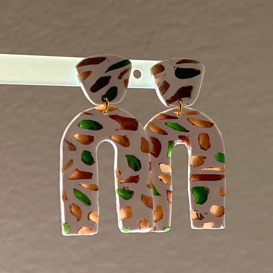 Terrazzo Arch Polymer Clay Earrings – Neutral & Green Lightweight Dangles