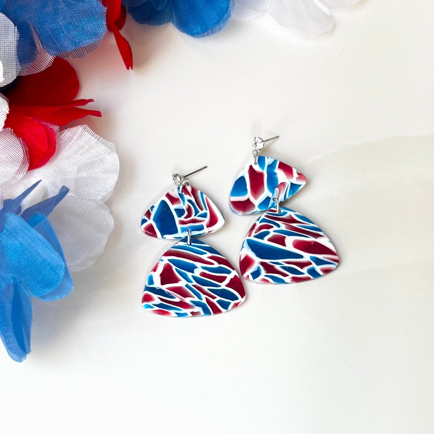 Red, White & Blue Translucent Organic Shape Polymer Clay Earrings