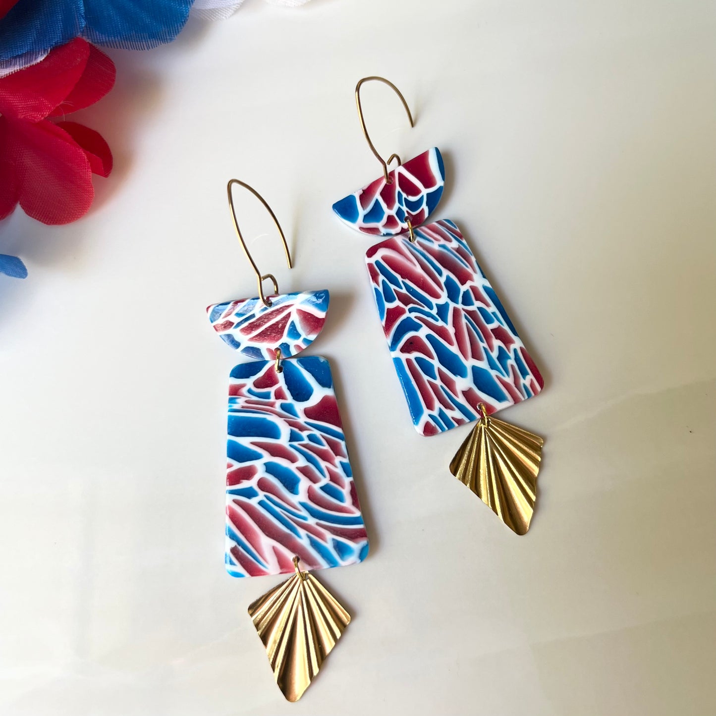 Red, White & Blue Translucent LONG Statement Clay Earrings