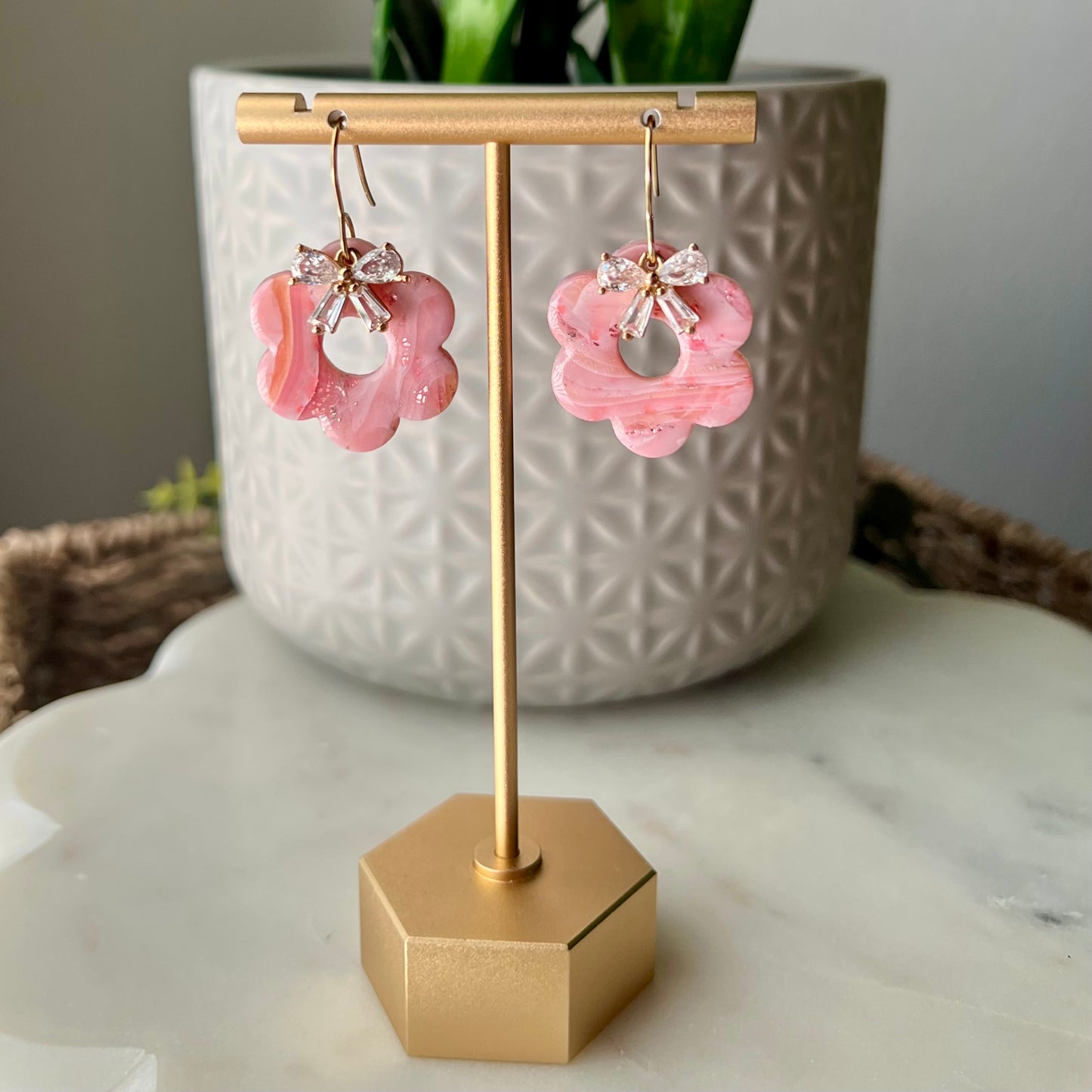 Polymer Clay Earrings - Rose Quartz Inspired Retro Flower with Cubic Zirconia Bow, Pink Marbled Dangles
