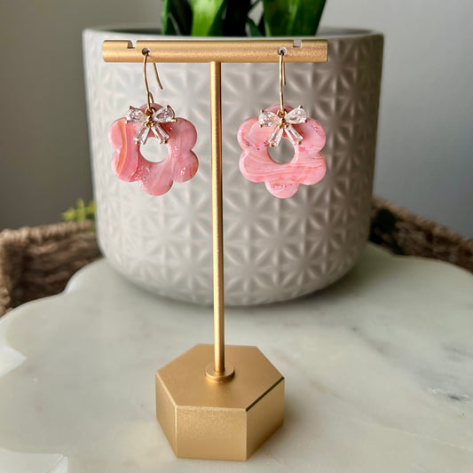 Polymer Clay Earrings - Rose Quartz Inspired Retro Flower with Cubic Zirconia Bow, Pink Marbled Dangles