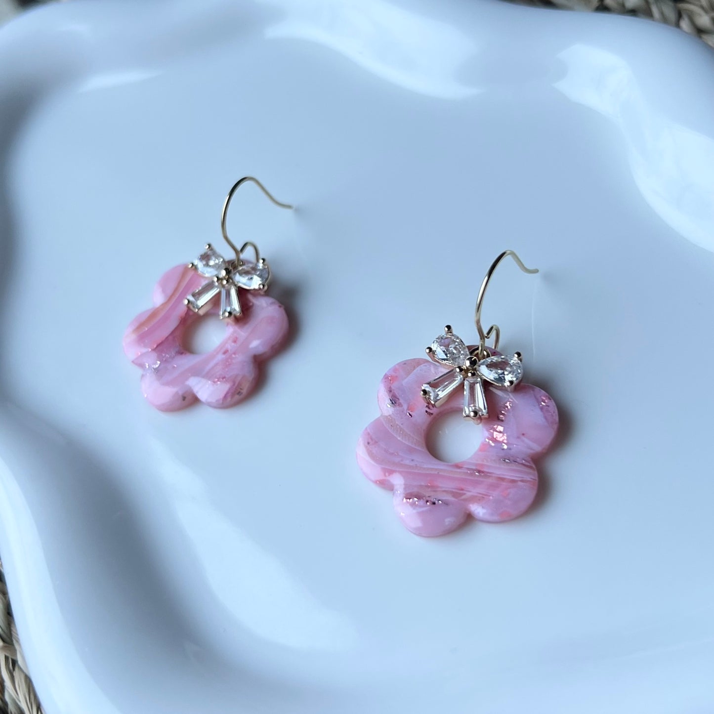 Pink Rose Quartz Inspired Retro Flower Polymer Clay Earrings with Cubic Zirconia Bow