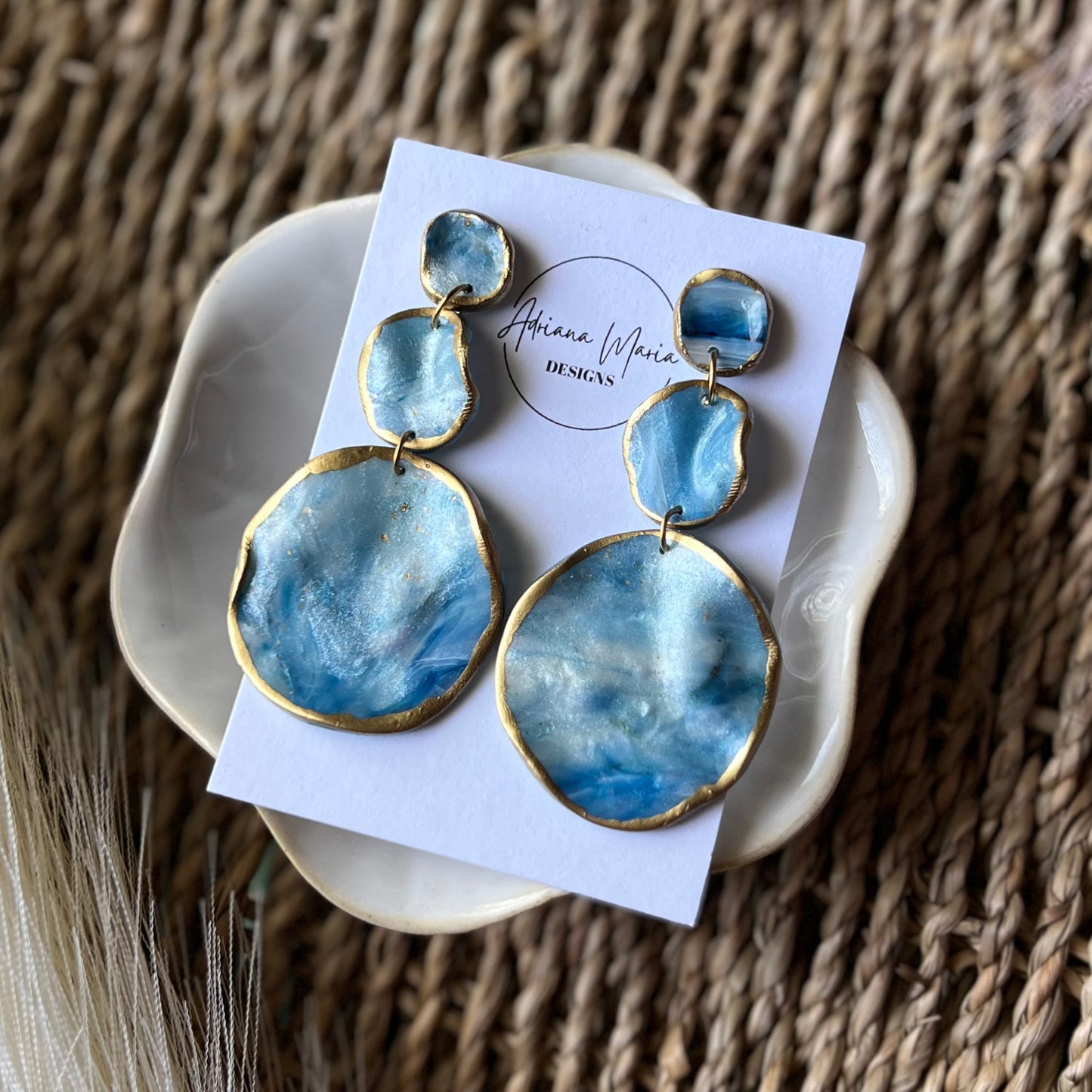 The Catalina – Ocean Blue Marbled Polymer Clay Earrings | Gold Edge Statement Dangles