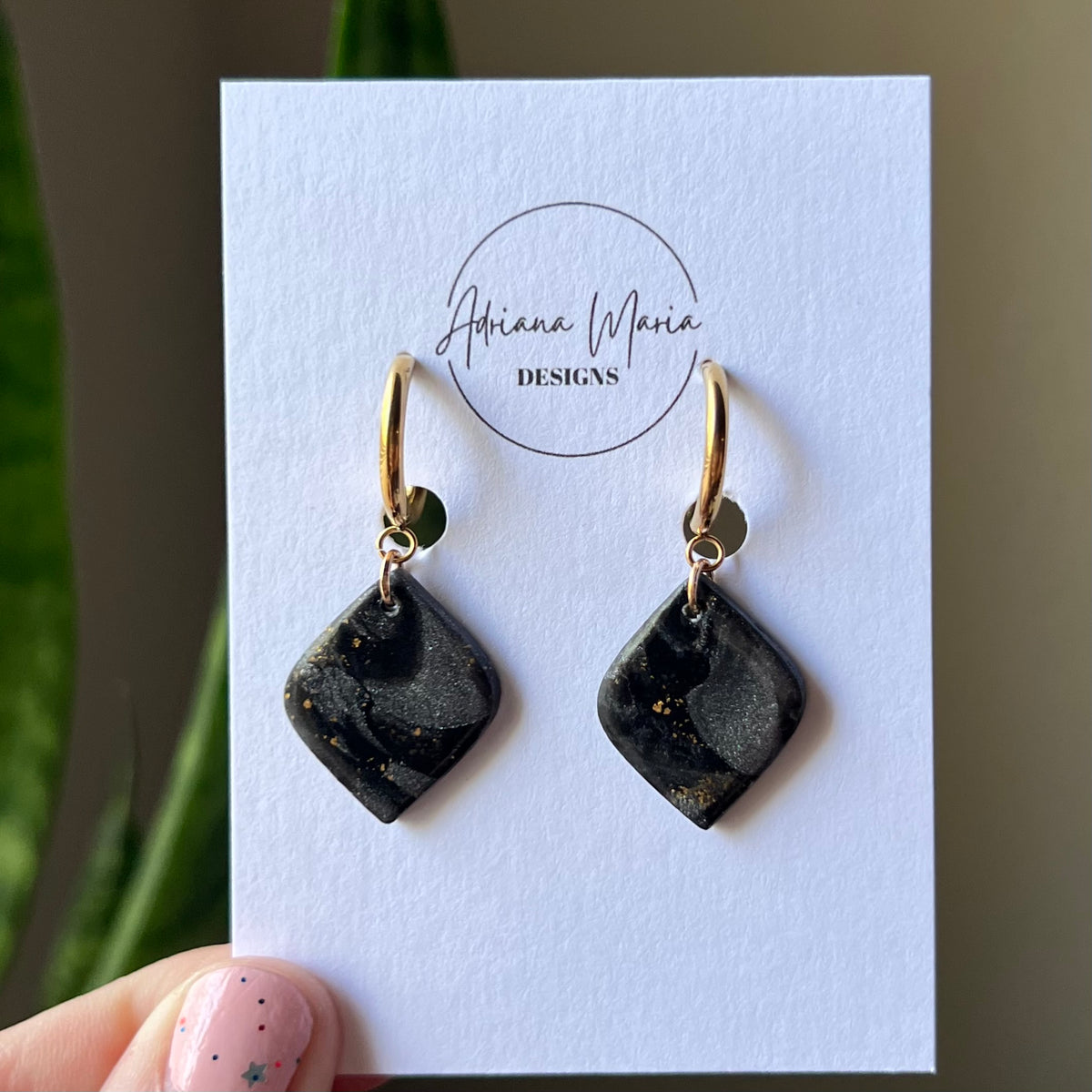 Black Marbled Polymer Clay Dangle Earrings with stainless steel huggie hoop closure