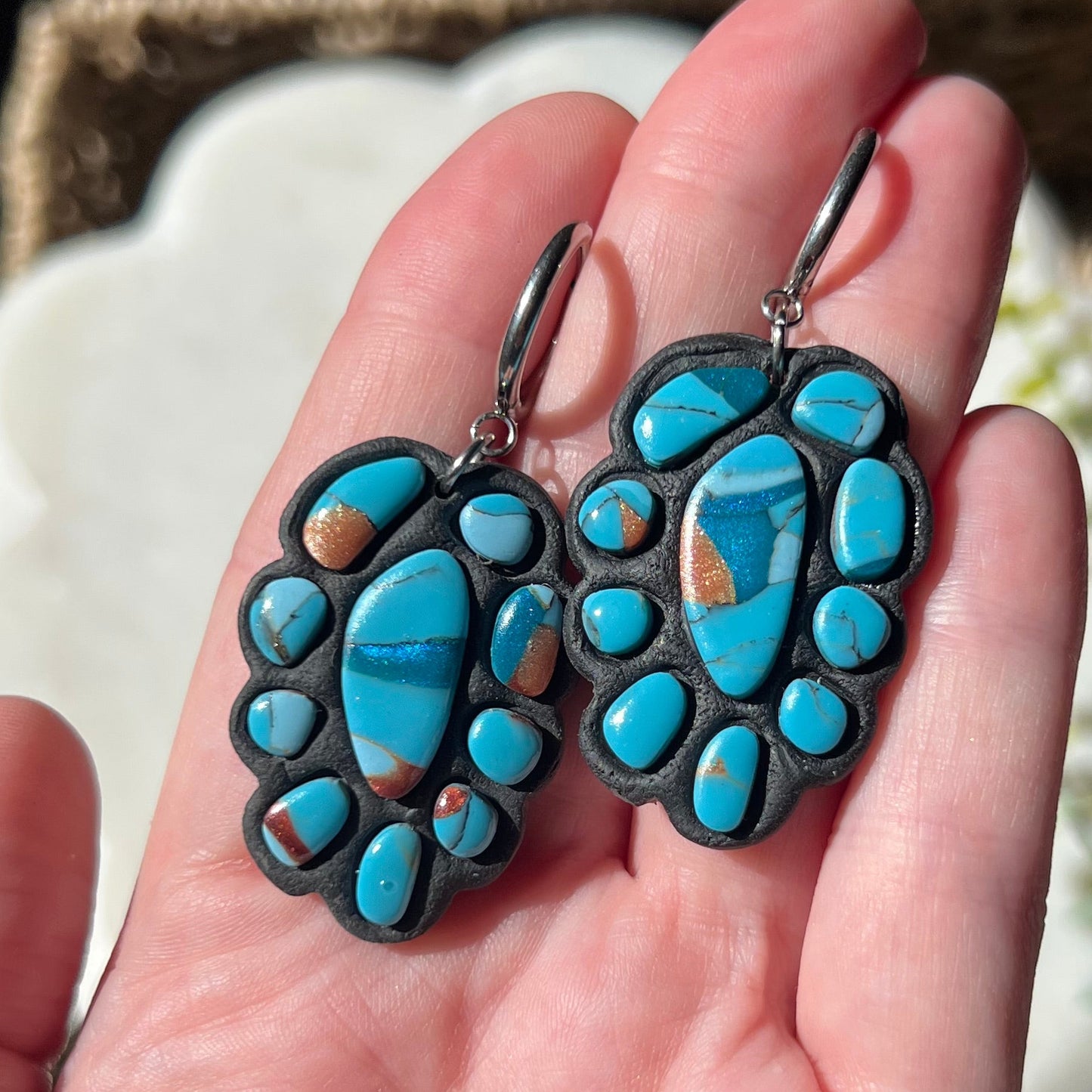 Turquoise Stone inspired Polymer Clay Bezel Statement Earrings, lightweight dangles, western style