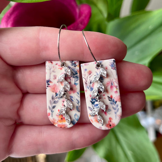 Wildflower Bloom Arch Polymer Clay Earrings with Cubic Zirconia Vine | Silver