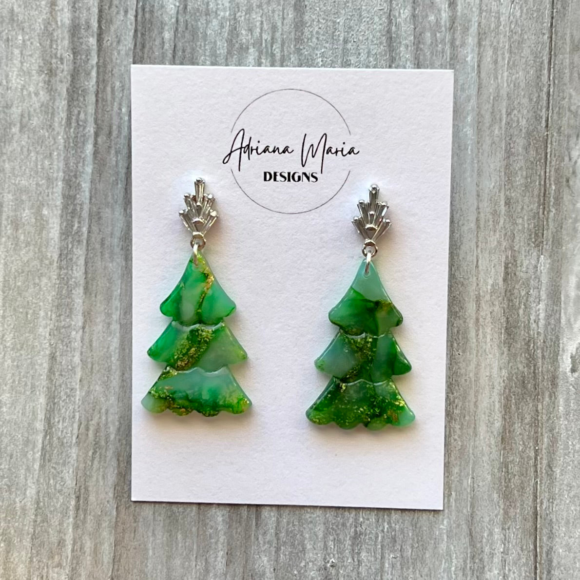 Green Marbled Christmas Tree Earrings