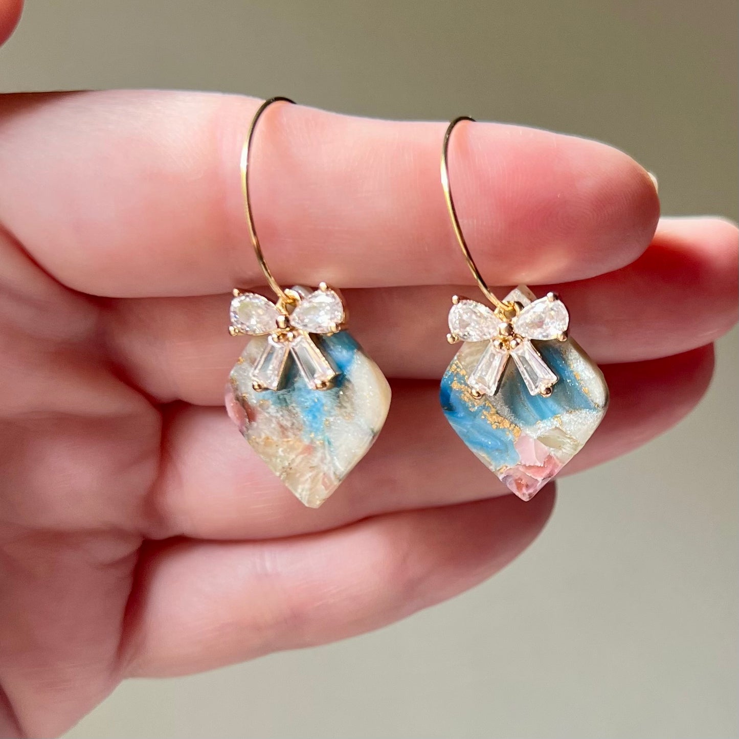 Marbled Polymer Clay Heart Dangle Earrings with CZ Bow on Gold Plated Hoops