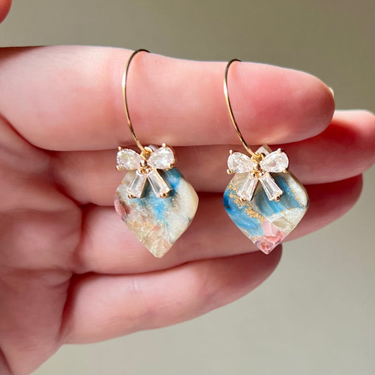 Marbled Polymer Clay Heart Dangle Earrings with CZ Bow on Gold Plated Hoops