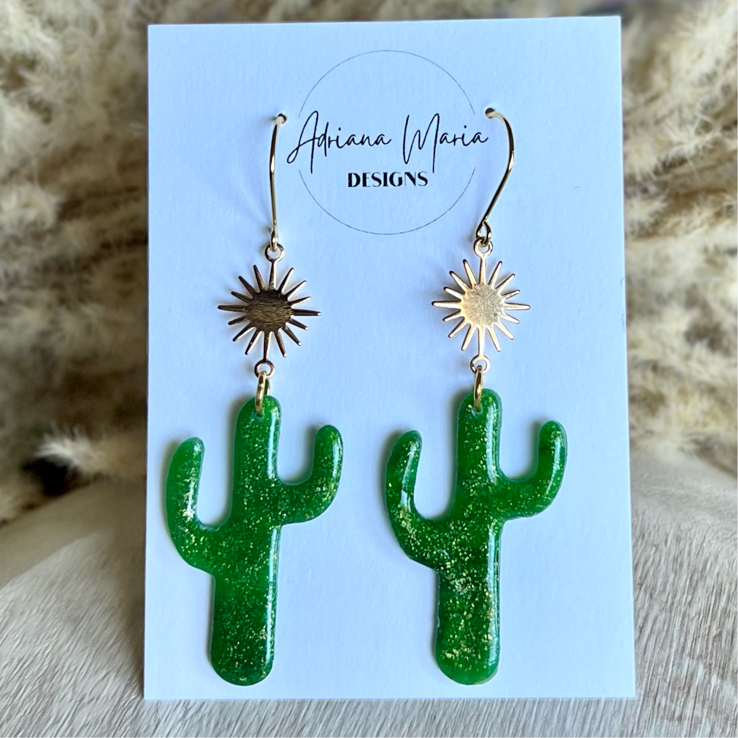 Dark Green Cactus Sunburst Polymer Clay Earrings