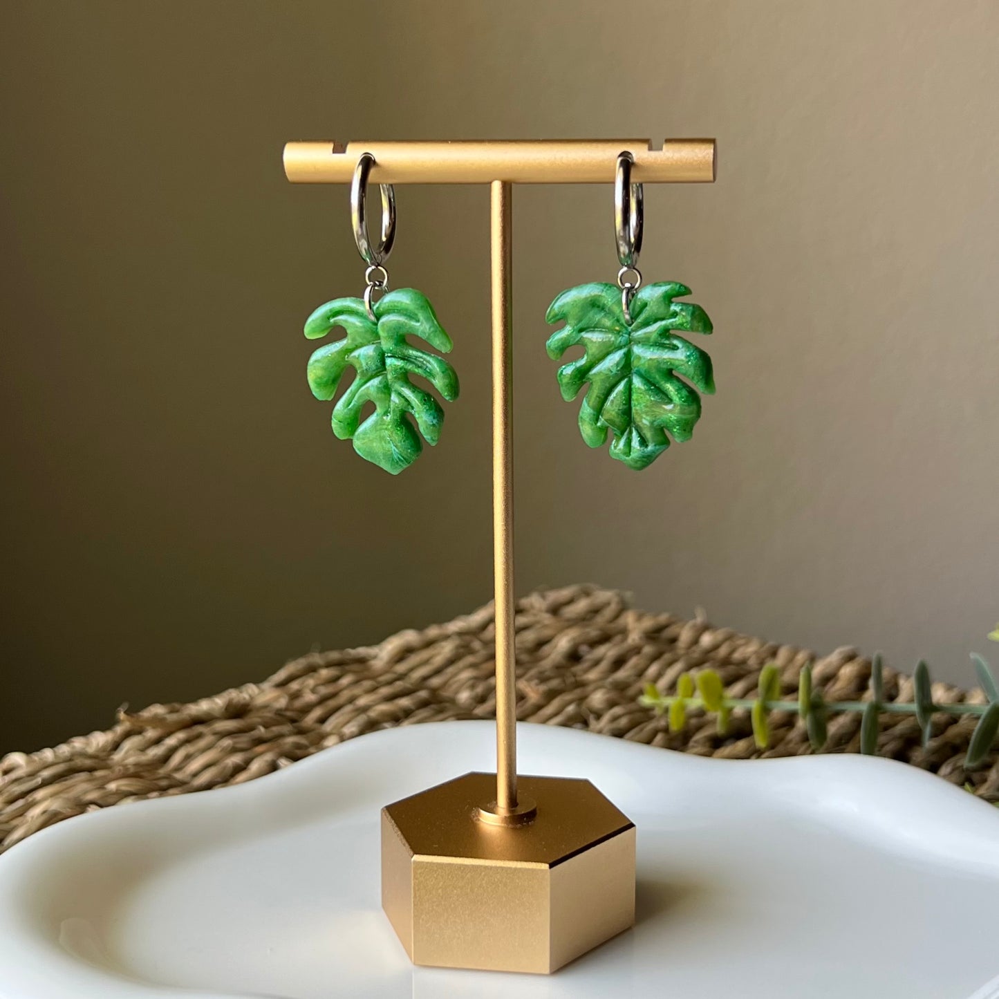 Green Monstera Leaf Polymer Clay Huggie Hoop Earrings