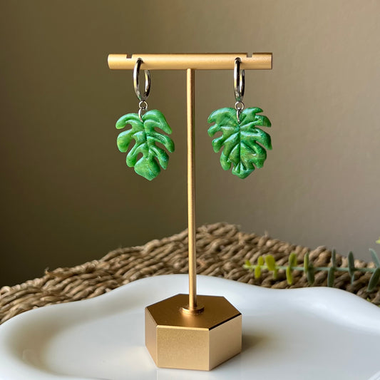 Green Monstera Leaf Polymer Clay Huggie Hoop Earrings