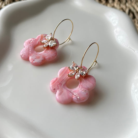 Polymer Clay Earrings - Rose Quartz Inspired Retro Flower with Cubic Zirconia Bow, Pink Marbled Dangles