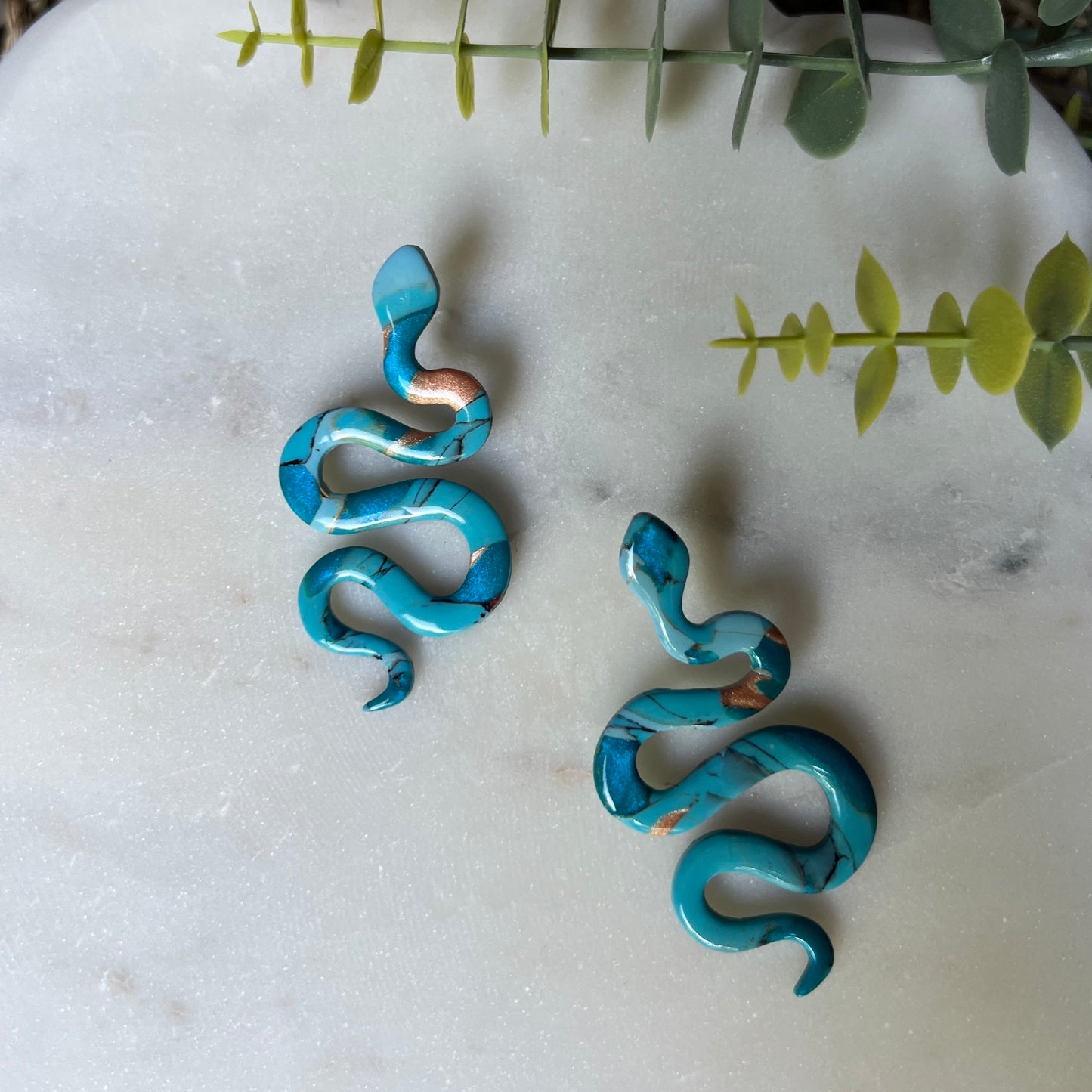 Turquoise Stone inspired Polymer Clay Snake Earrings with Stud Posts, lightweight, western style