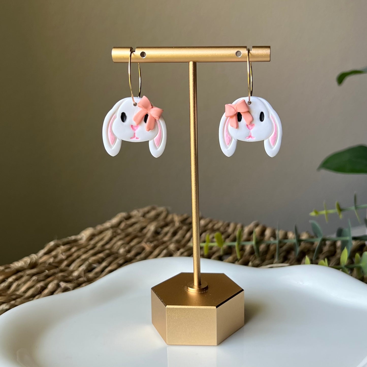 Sweet Bunny Rabbit with Bow Polymer Clay Hoop Earrings