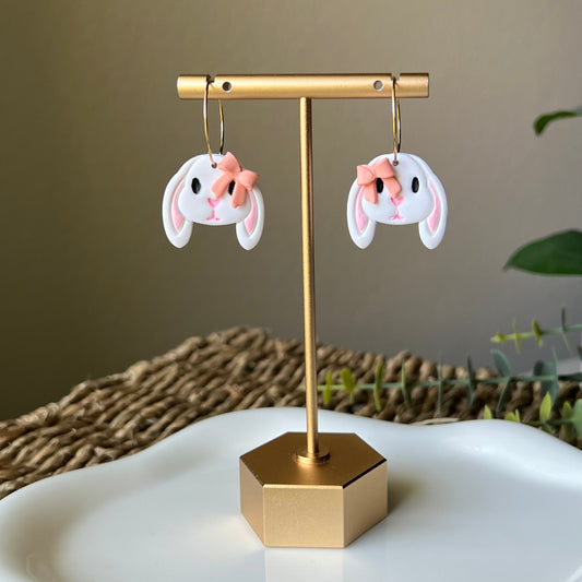 Sweet Bunny Rabbit with Bow Polymer Clay Hoop Earrings