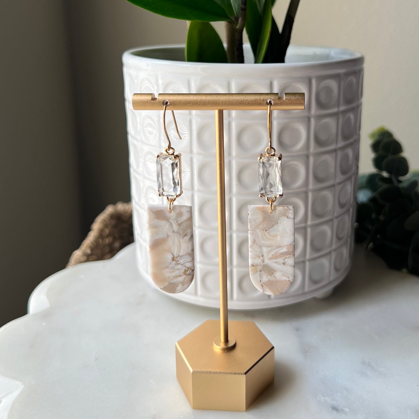Ivory Pearl Marble Closed Arch Polymer Clay Statement Earrings