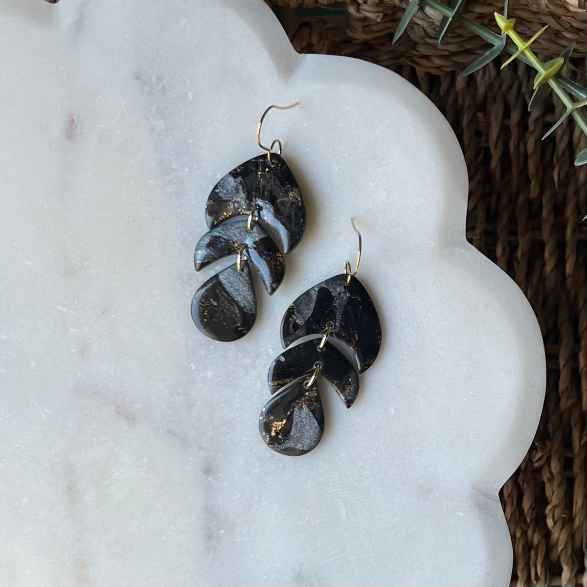 Black Marbled Polymer Clay Dangle Earrings