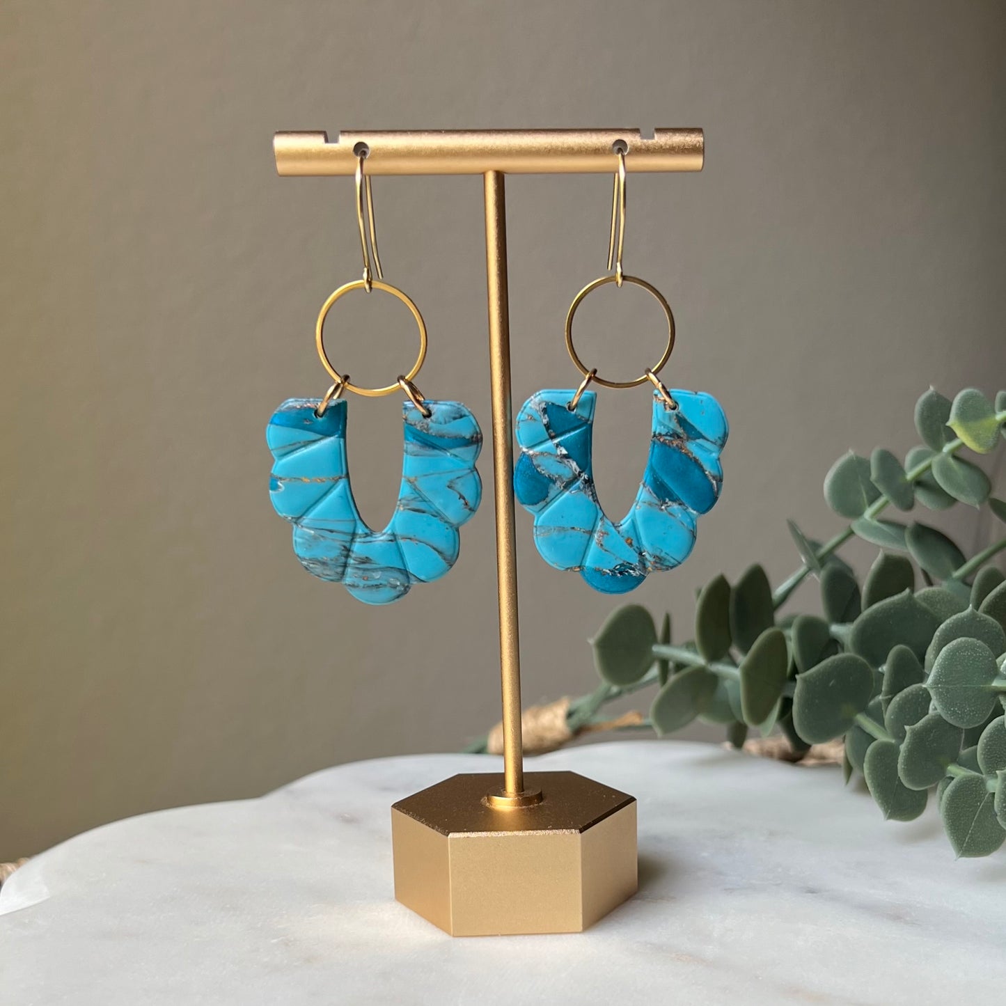 Turquoise Polymer Clay Scalloped Shape Earrings, Western style, lightweight dangles