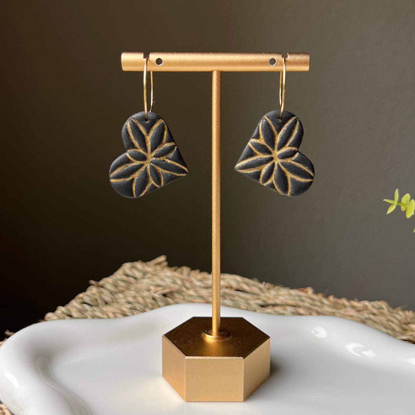 Black & Gold Heart Clay Hoop Earrings