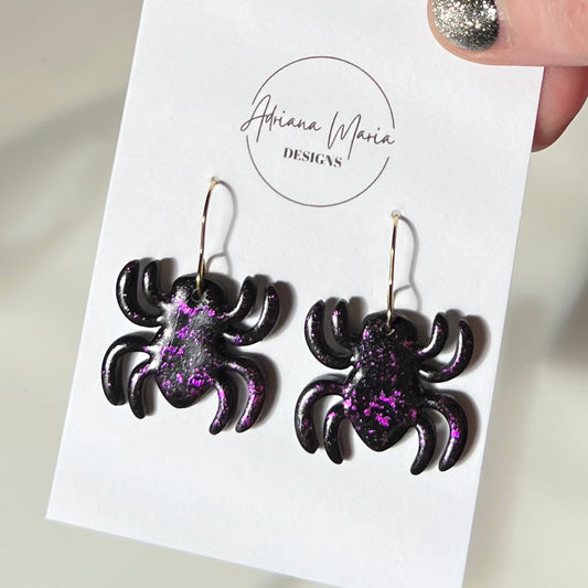 Black & Purple Spider Polymer Clay Dangle Earrings