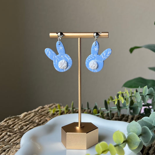 Blue Pastel Floral Print Bunny Polymer Clay Dangle Earrings