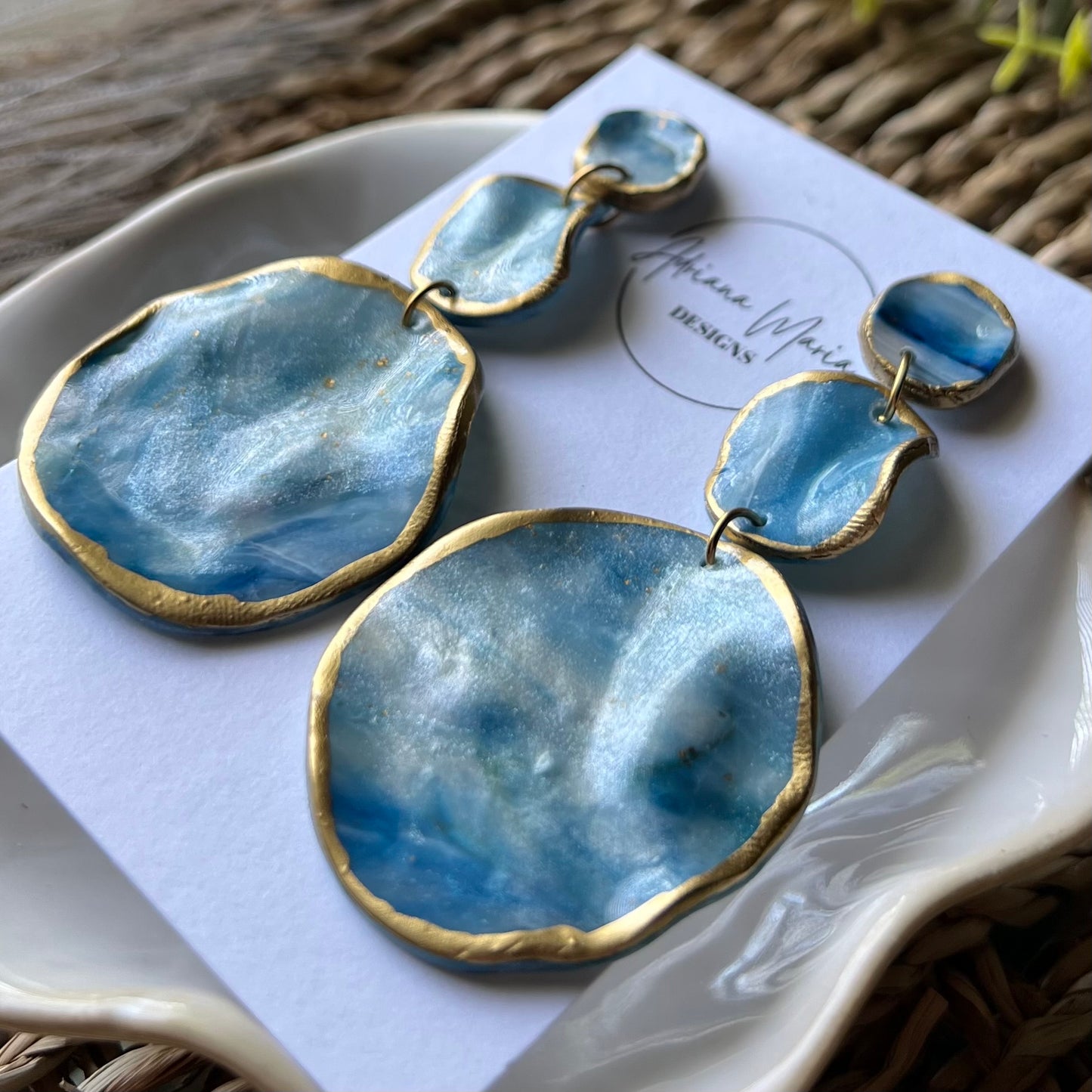 The Catalina – Ocean Blue Marbled Polymer Clay Earrings | Gold Edge Statement Dangles