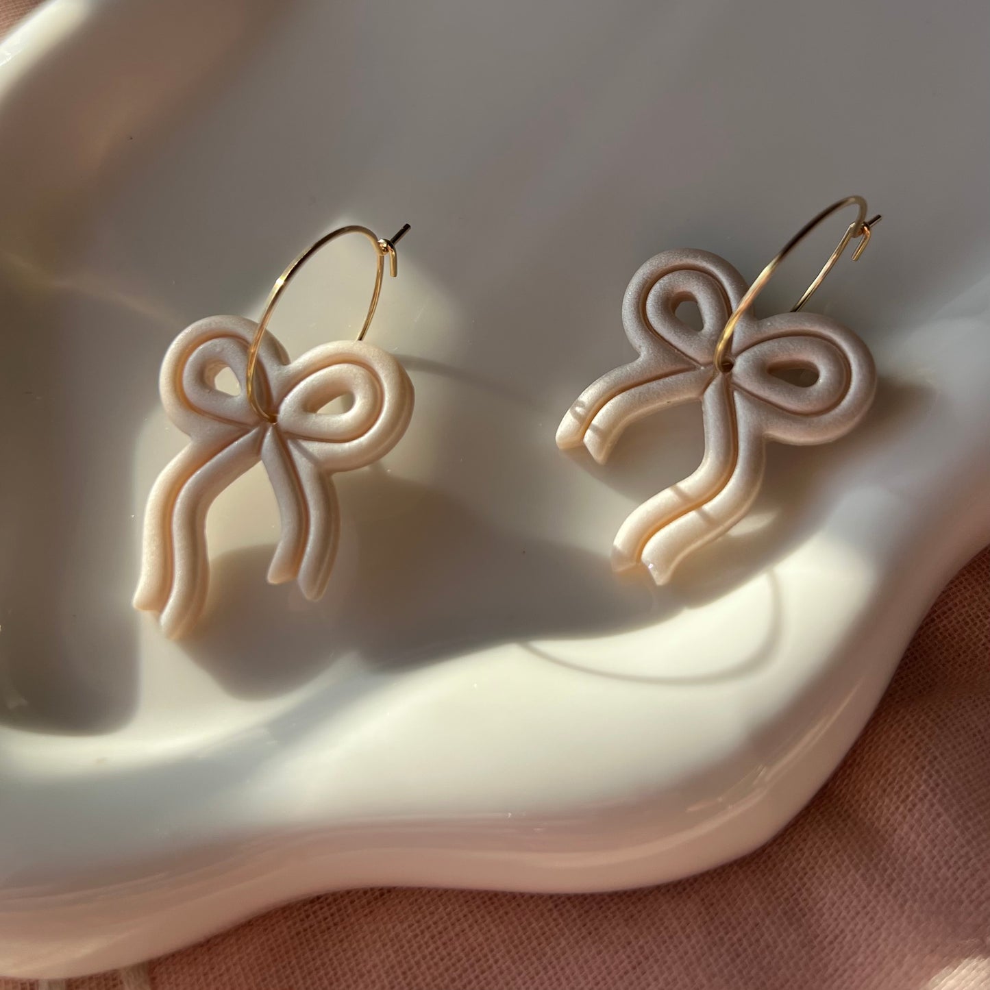 Pearl Bow Polymer Clay Hoop Earrings