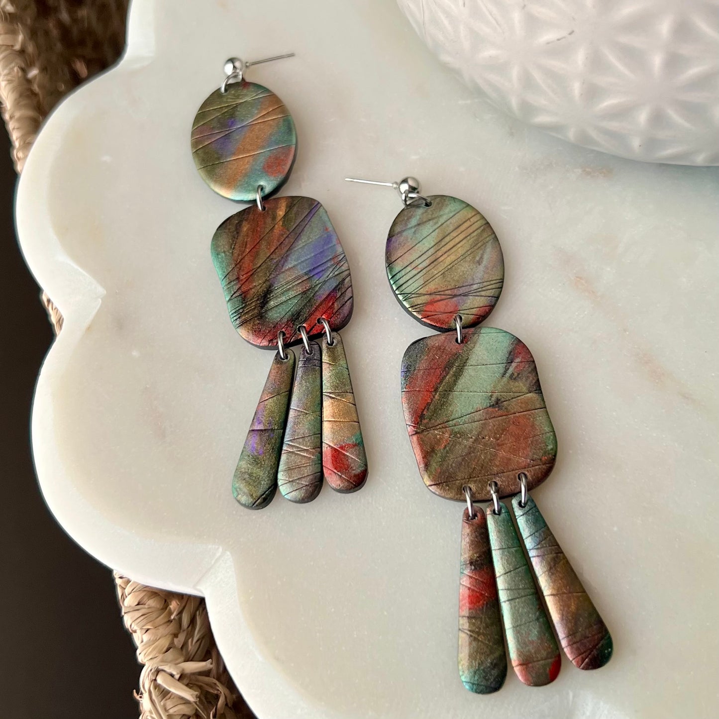 Mystic Alloy Statement Earrings, Lightweight Polymer Clay Dangles