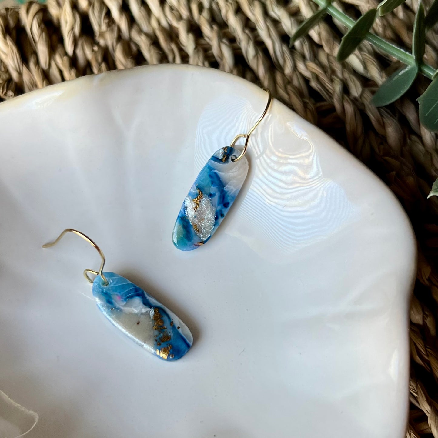 Coastal Blue Marbled Polymer Clay Dangle Earrings