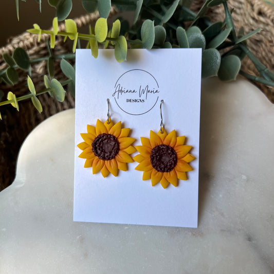 Yellow Sunflower Clay Dangle Earrings, Lightweight Handmade Jewelry