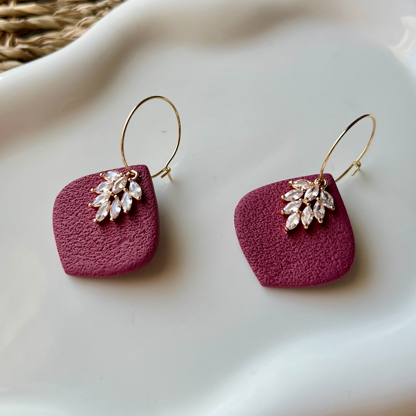 Mulberry Textured Polymer Clay Hoop Earrings with Cubic Zirconia Leaf Charm