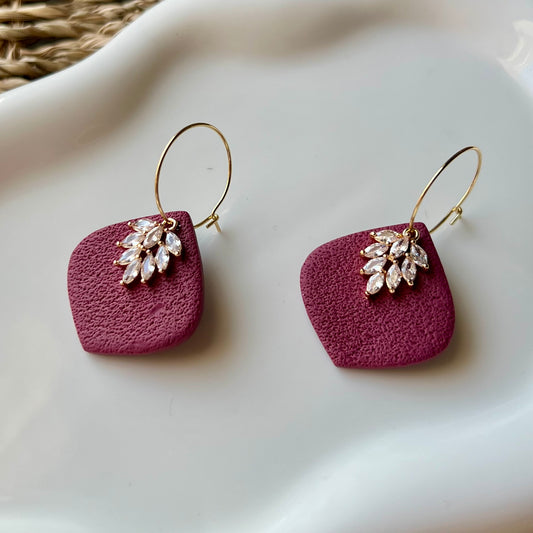 Mulberry Textured Polymer Clay Hoop Earrings with Cubic Zirconia Leaf Charm