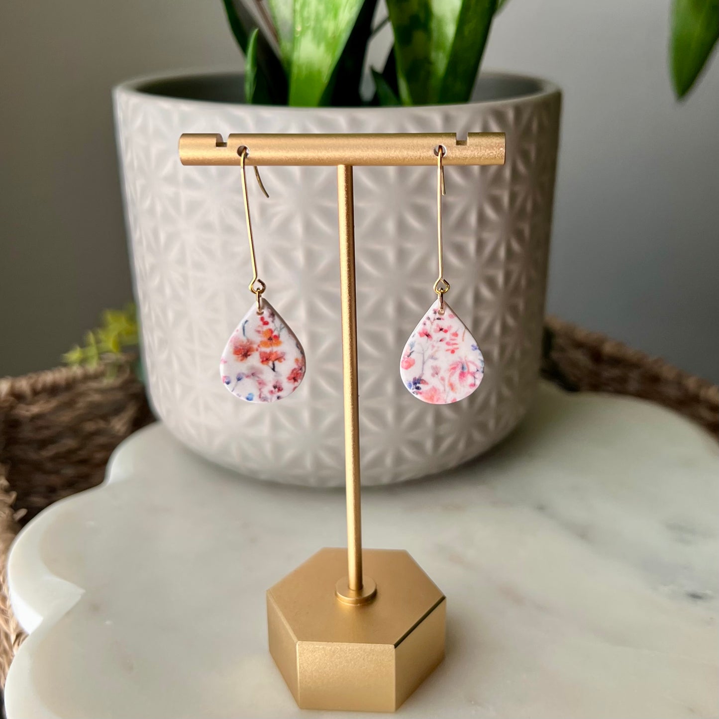 Wildflower & Pearl White Teardrop Earrings, Lightweight Polymer Clay Dangles
