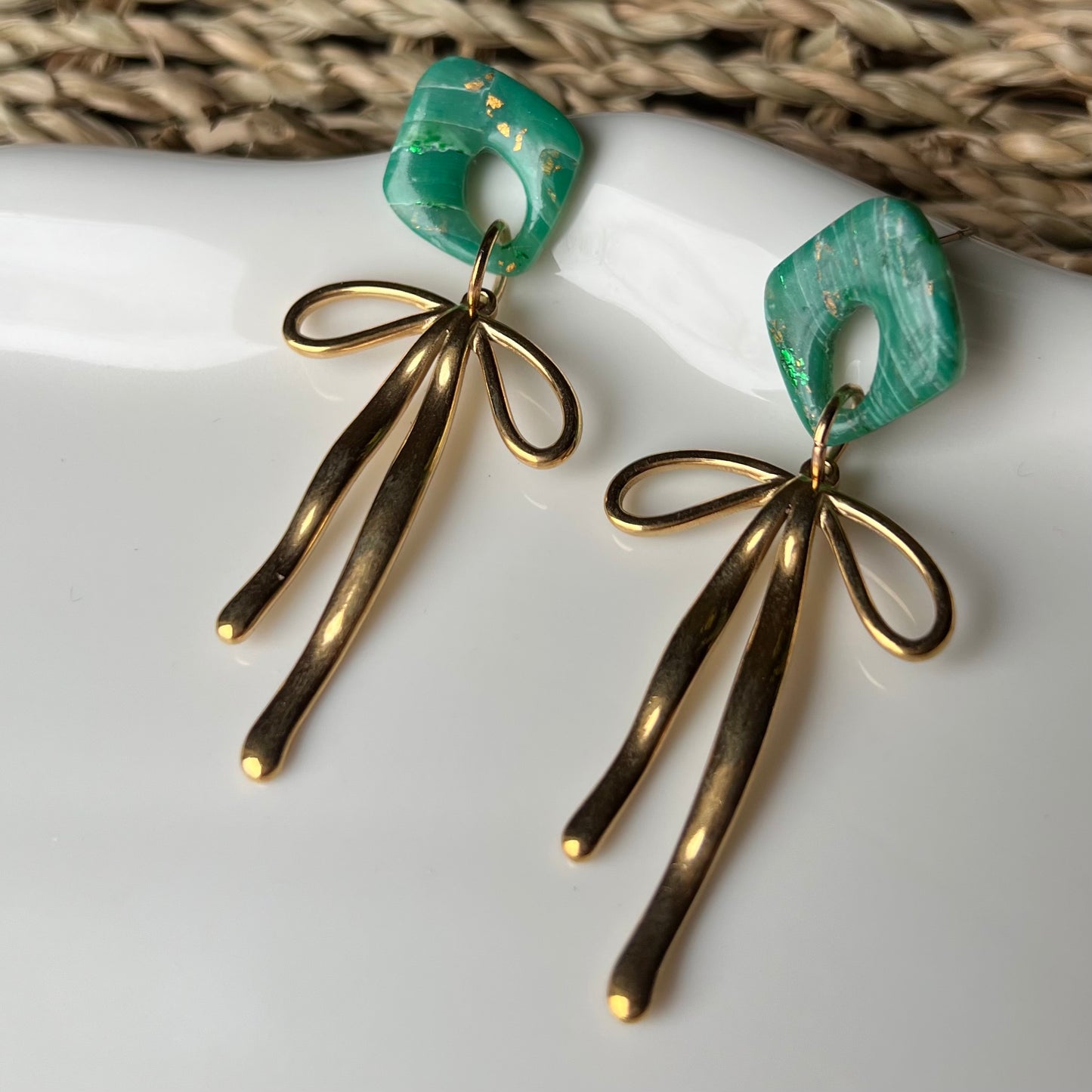 Emerald Green Marbled Clay & Bow Clay Earrings