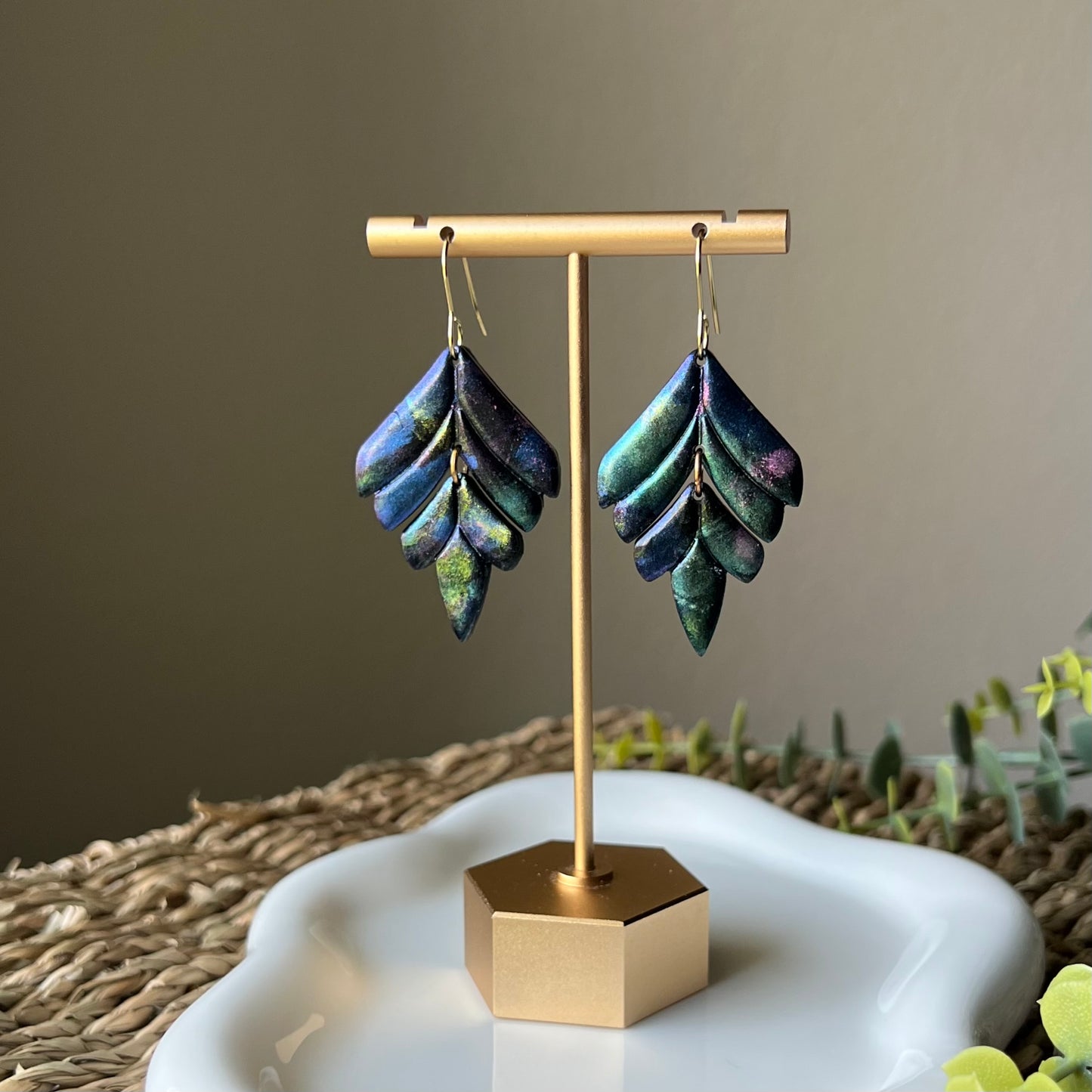 Mica Painted Feather Polymer Clay Earrings