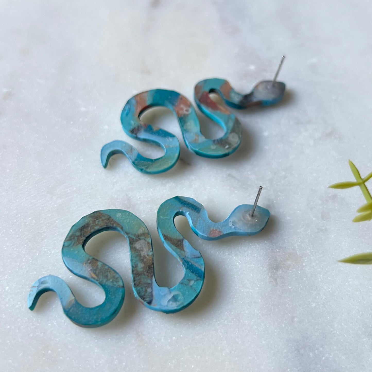 Turquoise Stone inspired Polymer Clay Snake Earrings with Stud Posts, lightweight, western style