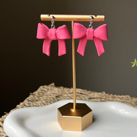 Pink Bow Polymer Clay Dangle Earrings