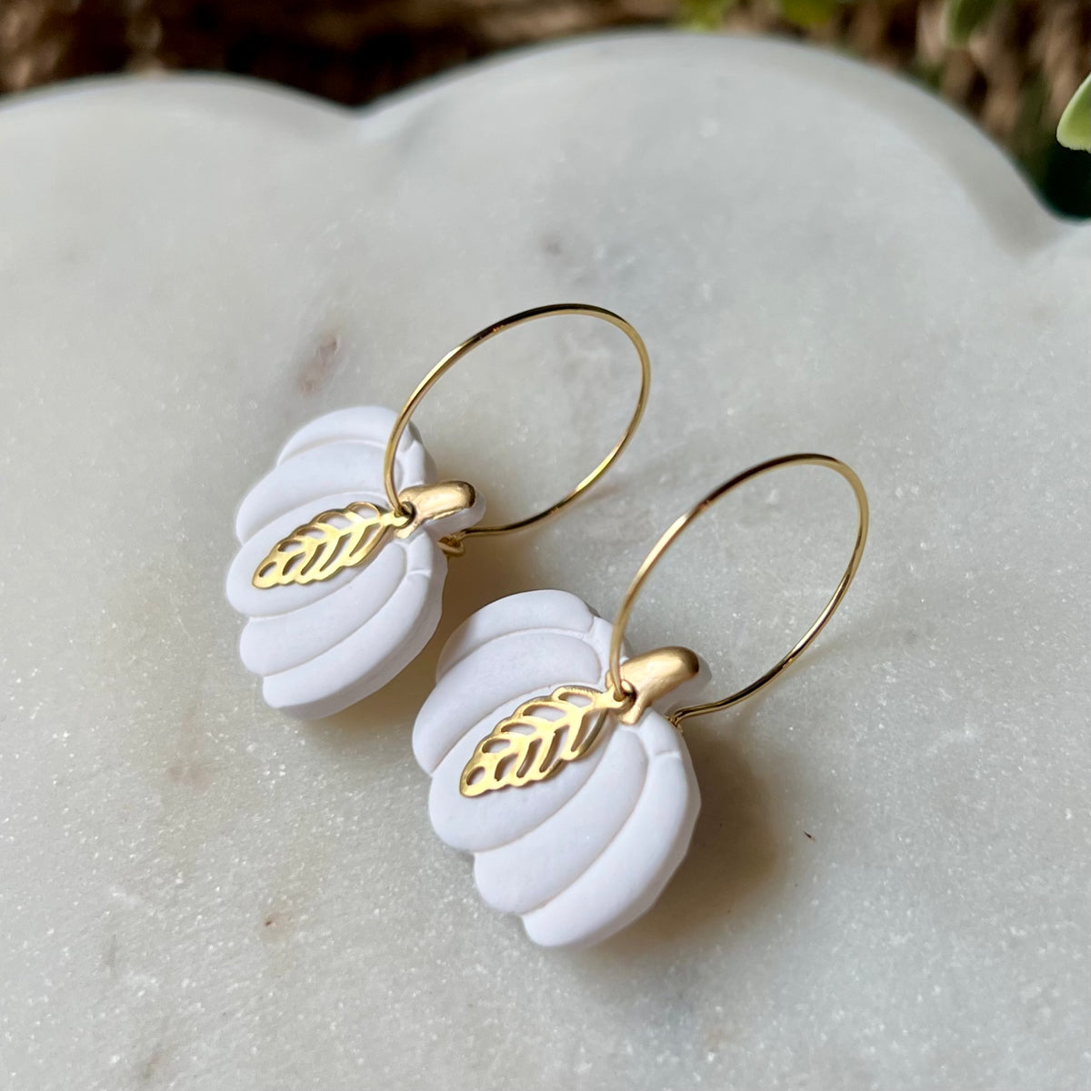 White Pumpkin Polymer Clay Hoop Earrings with Brass Leaf