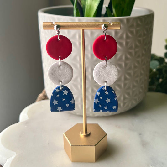 American Red, White, Blue & White Star Polymer Clay Dangle Earrings, Patriotic Jewelry