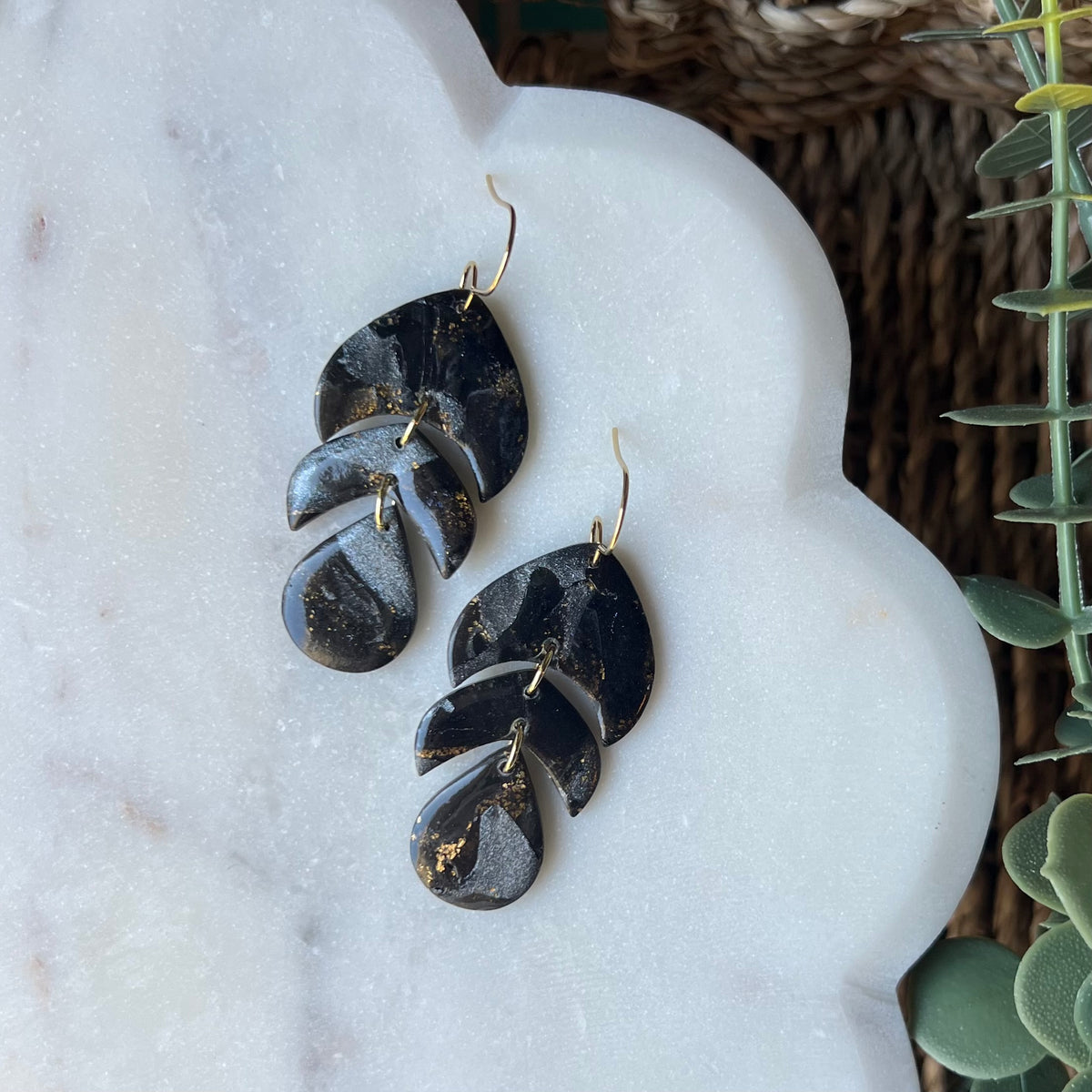 Black Marbled Polymer Clay Dangle Earrings