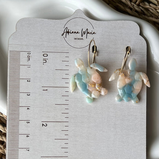 Polymer Clay Earrings - Summer Turtle Dangle Hoops