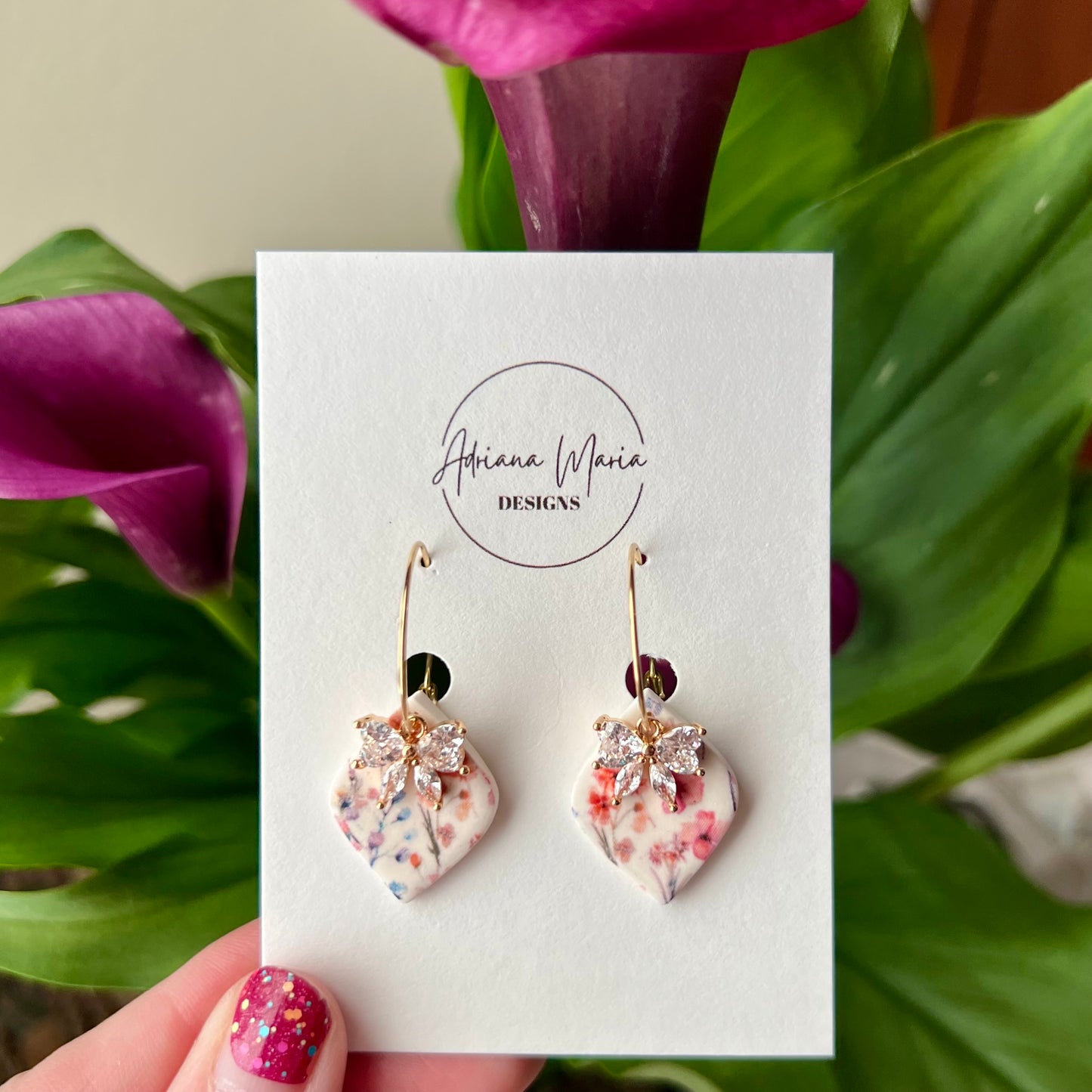 Wildflower Bloom Polymer Clay Earrings with Cubic Zirconia Bow | Gold