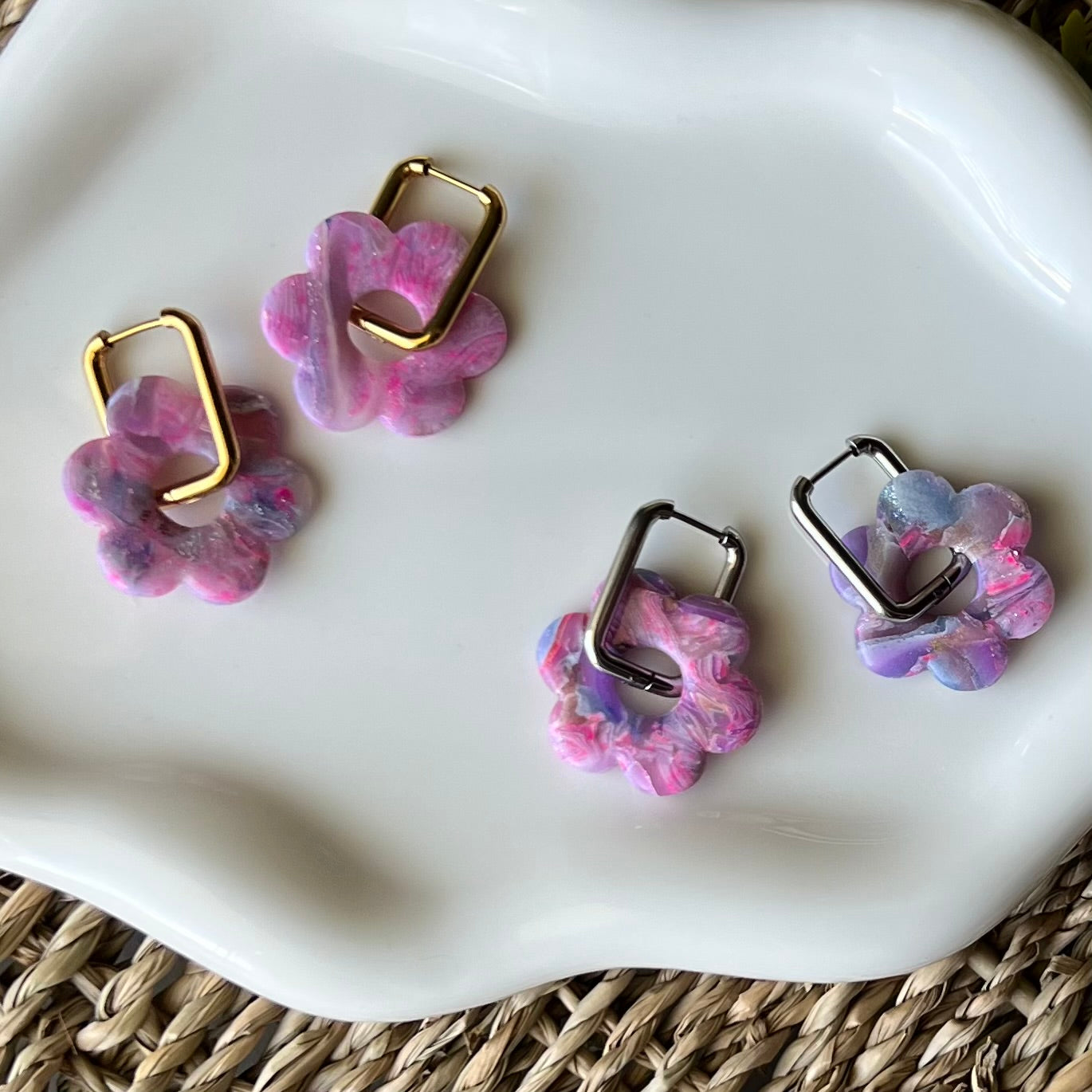 Retro Flower Polymer Clay Huggie Hoop Earrings