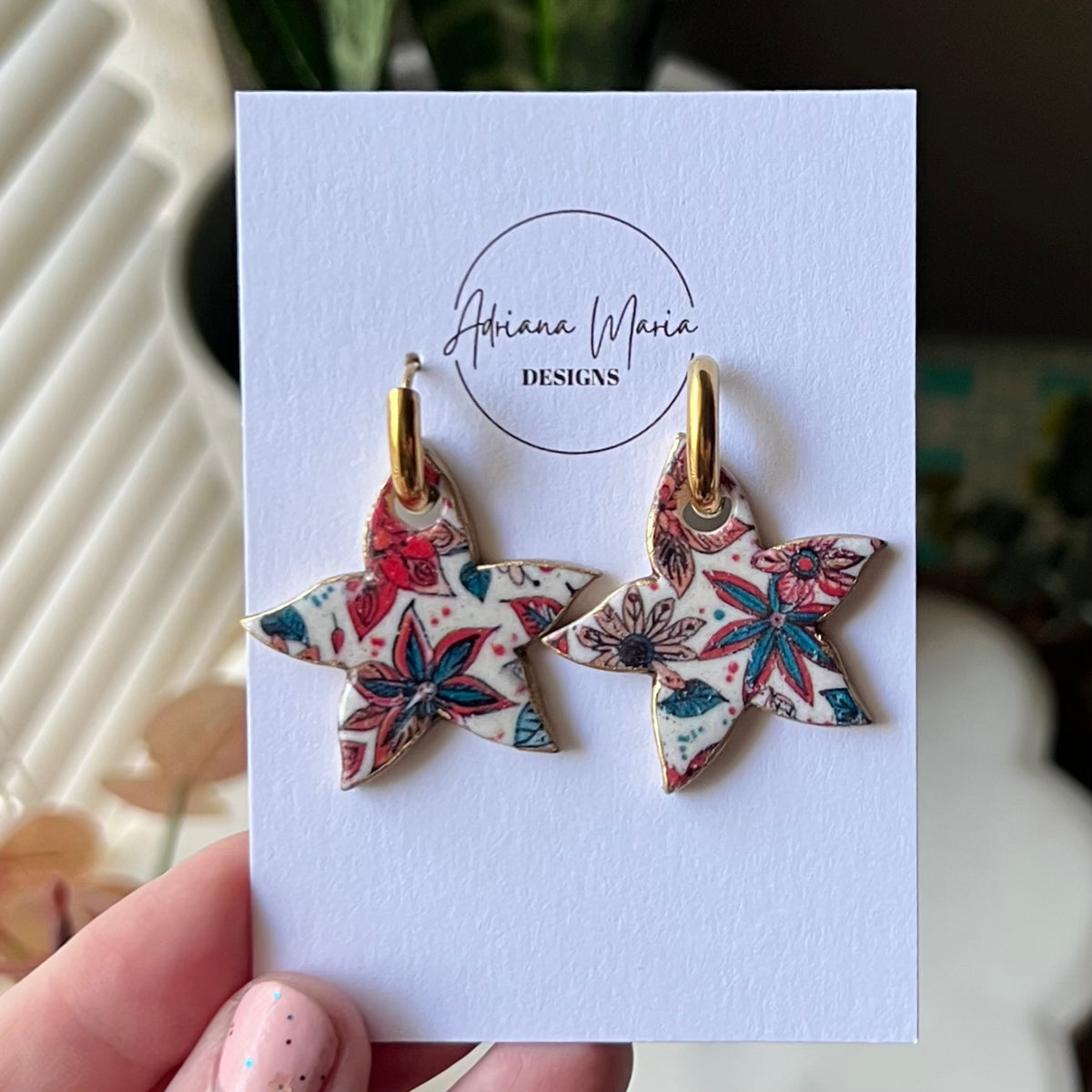 Festive Poinsettia Polymer Clay Earrings with stainless steel huggie hoops